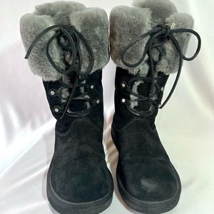 UGG Black Lace Up Boots With Fur Trim